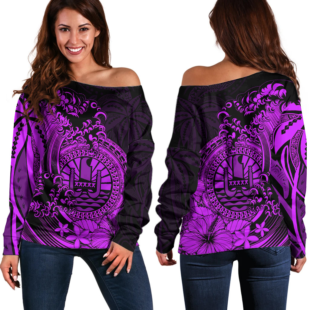 Polynesian Tahiti Island Off Shoulder Sweater The Wave of Water - Purple LT9 Women Purple - Polynesian Pride