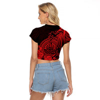 Polynesian Tahiti Island Raglan Cropped T Shirt The Wave of Water - Red LT9 - Polynesian Pride