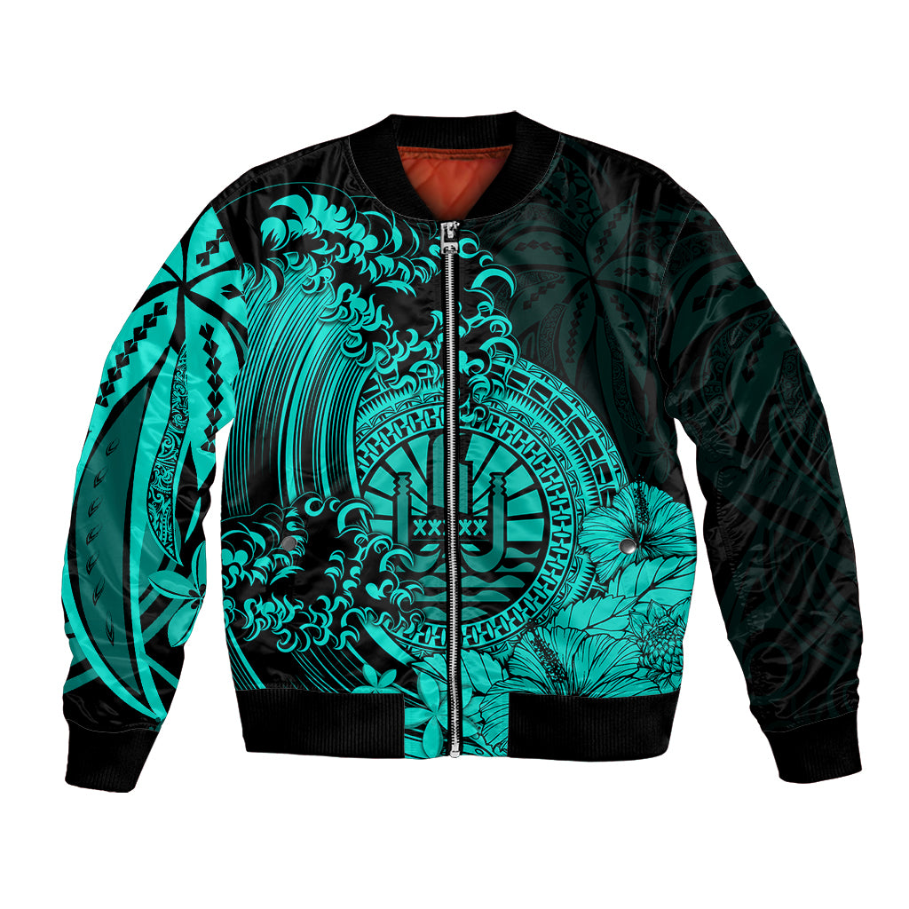 Polynesian Tahiti Island Bomber Jacket The Wave of Water - Turquoise LT9 Unisex Turquoise - Polynesian Pride