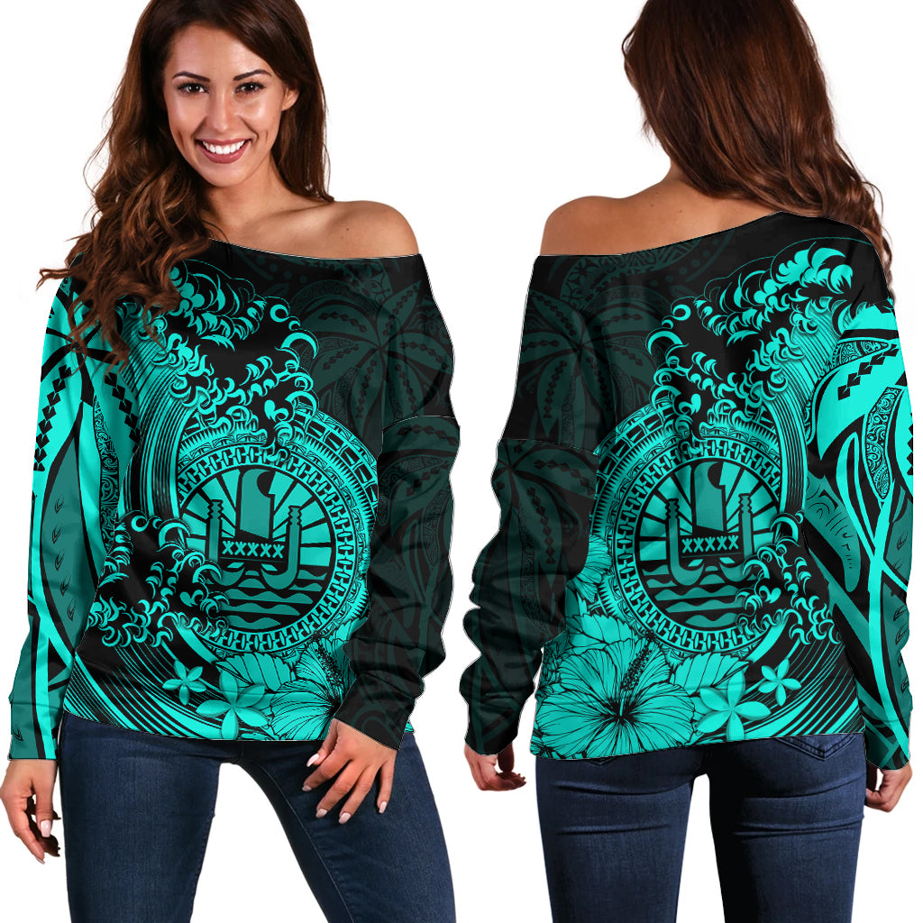 Polynesian Tahiti Island Off Shoulder Sweater The Wave of Water - Turquoise LT9 Women Turquoise - Polynesian Pride