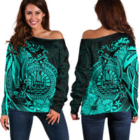 Polynesian Tahiti Island Off Shoulder Sweater The Wave of Water - Turquoise LT9 Women Turquoise - Polynesian Pride
