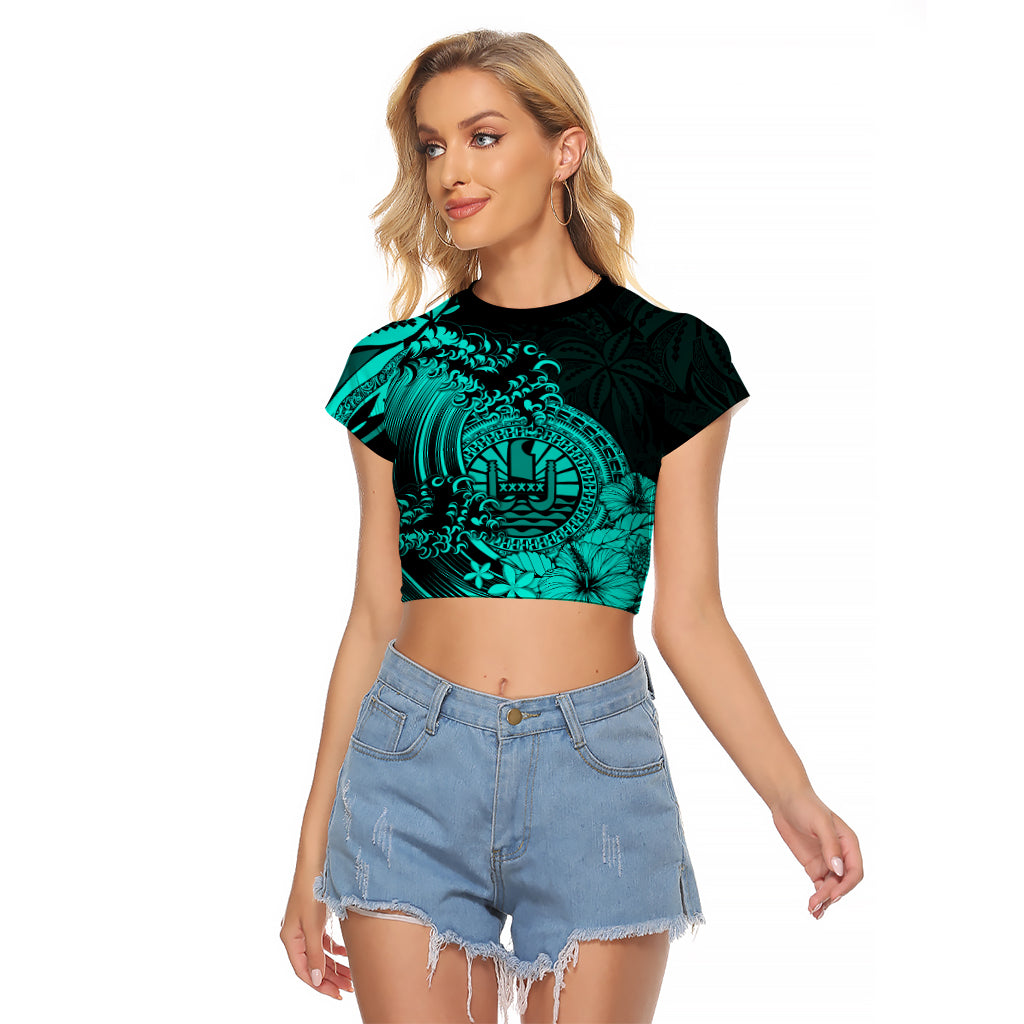 Polynesian Tahiti Island Raglan Cropped T Shirt The Wave of Water - Turquoise LT9 Female Turquoise - Polynesian Pride