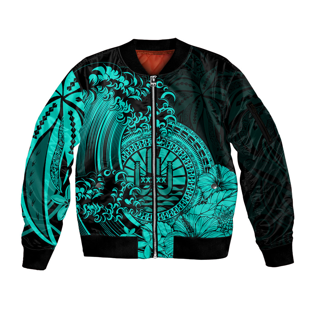 Polynesian Tahiti Island Sleeve Zip Bomber Jacket The Wave of Water - Turquoise LT9 Unisex Turquoise - Polynesian Pride