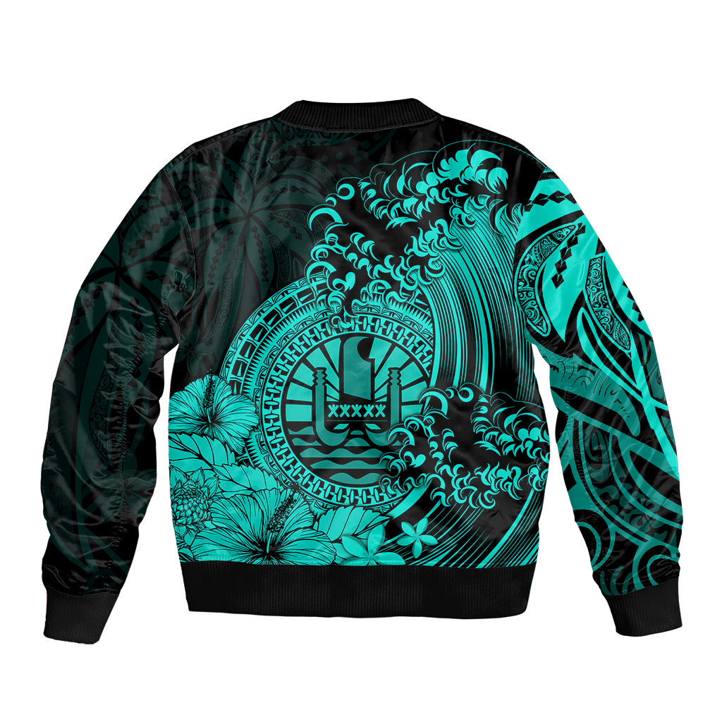 Polynesian Tahiti Island Sleeve Zip Bomber Jacket The Wave of Water - Turquoise LT9 - Polynesian Pride