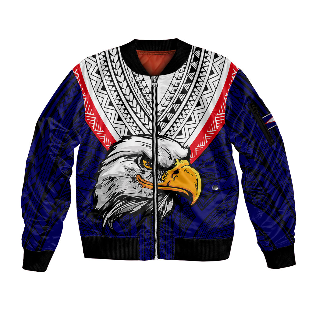 American Samoa Sleeve Zip Bomber Jacket Bald Eagle with Polynesian Pattern LT9 Unisex Blue - Polynesian Pride