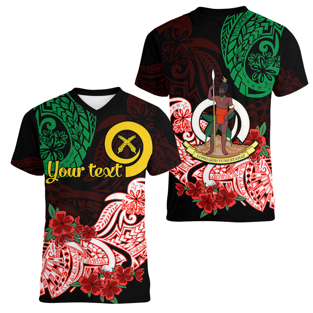 (Custom Personalised) Vanuatu Women V Neck T Shirt Polynesian Floral Tribal LT9 Female Black - Polynesian Pride