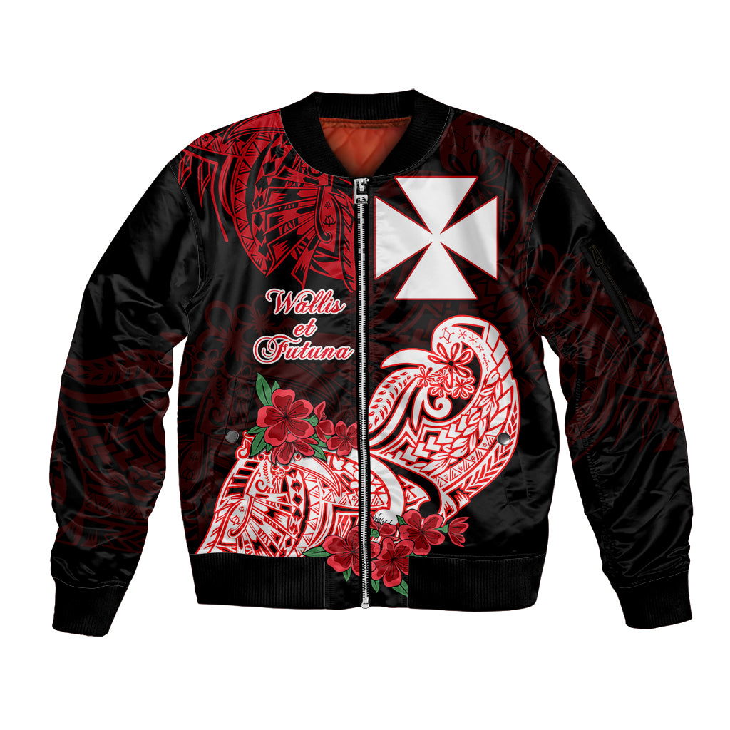 Wallis et Futuna Sleeve Zip Bomber Jacket Polynesian Floral Tribal LT9 Unisex Black - Polynesian Pride