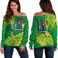 Cook Island Off Shoulder Sweater Polynesian Floral Tribal LT9 Women Green - Polynesian Pride