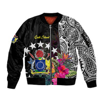 Cook Island Sleeve Zip Bomber Jacket Tribal Polynesian and Tropical Flowers LT9 Unisex Black - Polynesian Pride