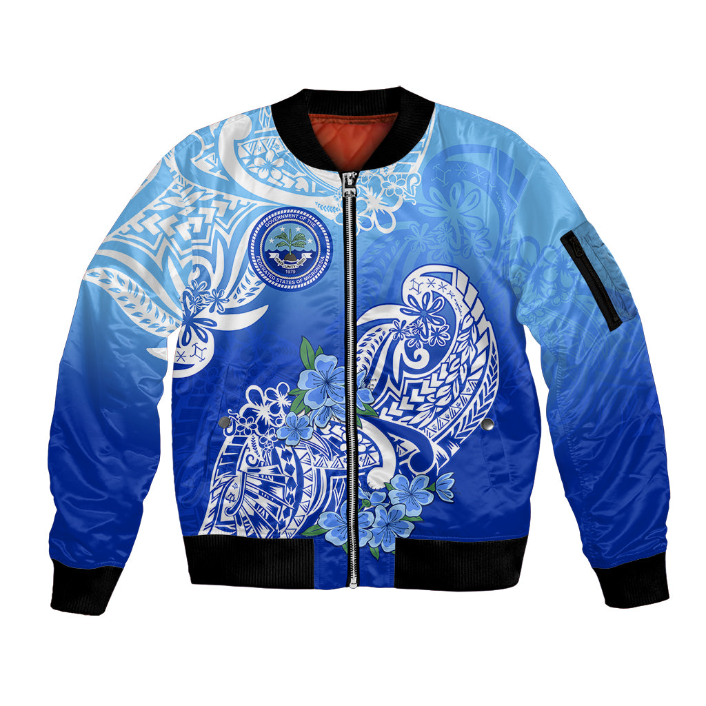 Federated States Of Micronesia Sleeve Zip Bomber Jacket Polynesian Floral Tribal LT9 Unisex Blue - Polynesian Pride