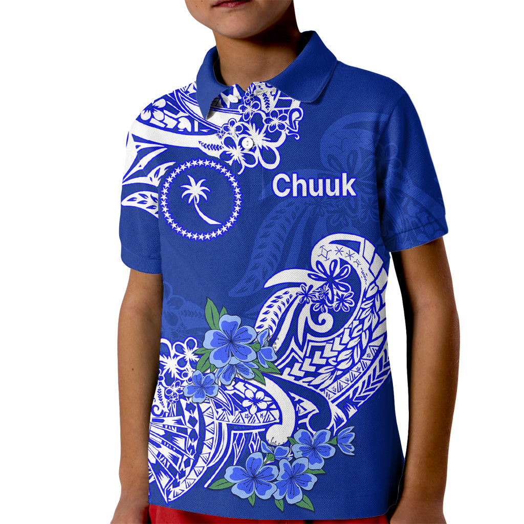 FSM Chuuk State Kid Polo Shirt Polynesian Floral Tribal LT9 Kid Blue - Polynesian Pride