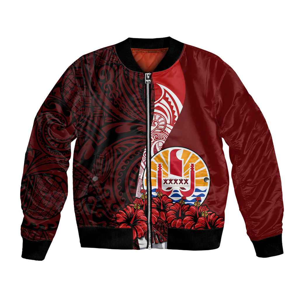 Tahiti Bomber Jacket Polynesian Coat Of Arm With Hibiscus LT9 Unisex Red - Polynesian Pride