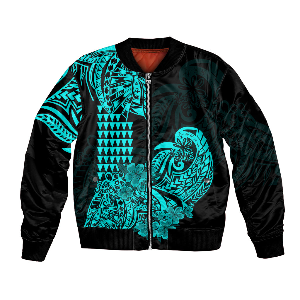 Hawaii Kakau Bomber Jacket Polynesian Floral Tribal Aqua Version LT9 Unisex Aqua - Polynesian Pride
