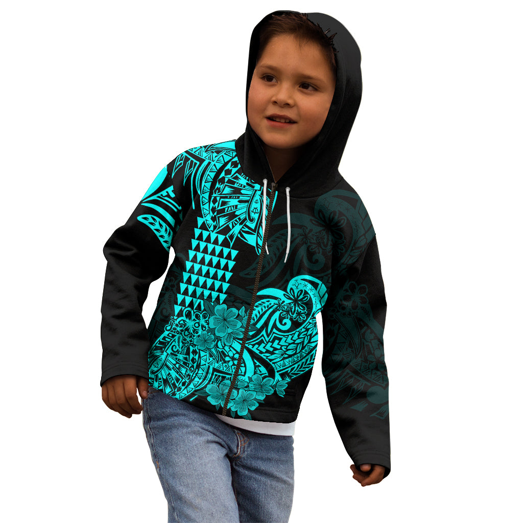 Hawaii Kakau Kid Hoodie Polynesian Floral Tribal Aqua Version LT9 - Polynesian Pride