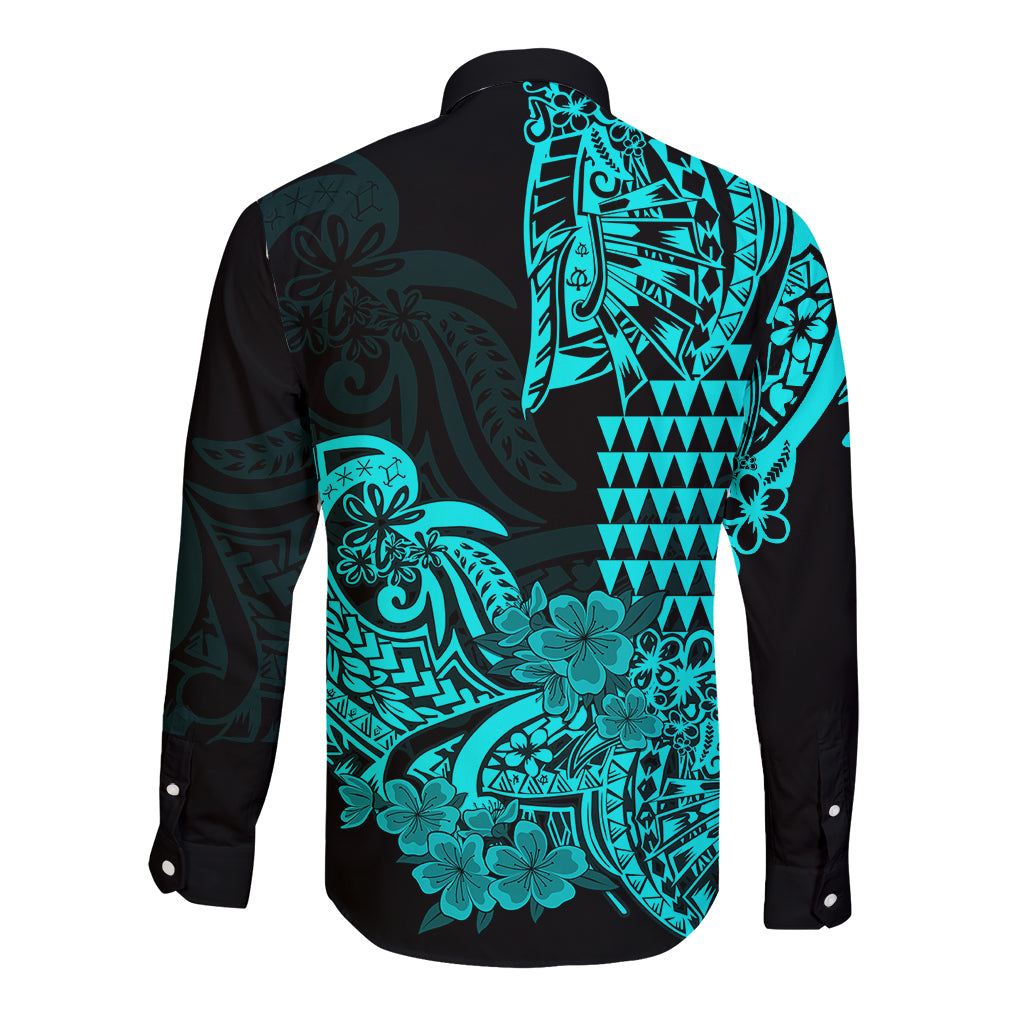 Hawaii Kakau Long Sleeve Button Shirt Polynesian Floral Tribal Aqua Version LT9 - Polynesian Pride