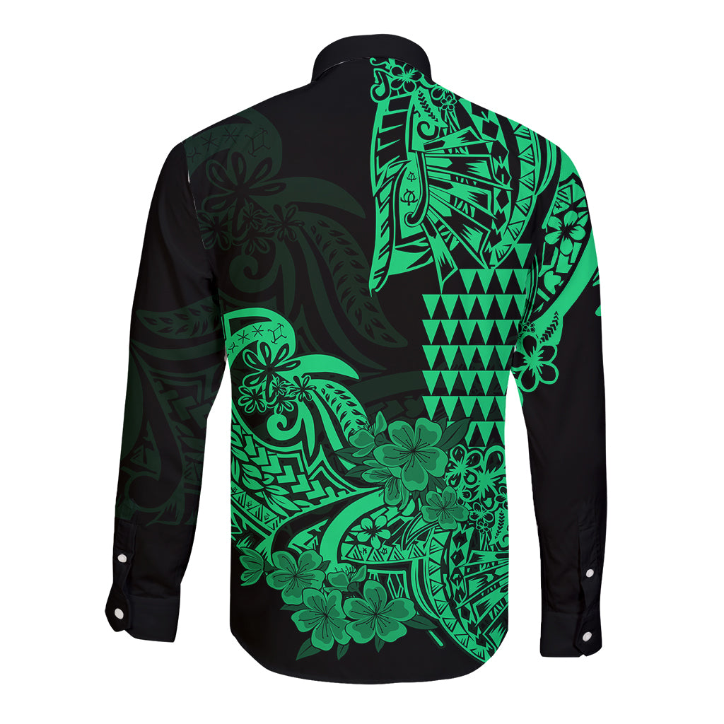 Hawaii Kakau Long Sleeve Button Shirt Polynesian Floral Tribal Green Version LT9 - Polynesian Pride