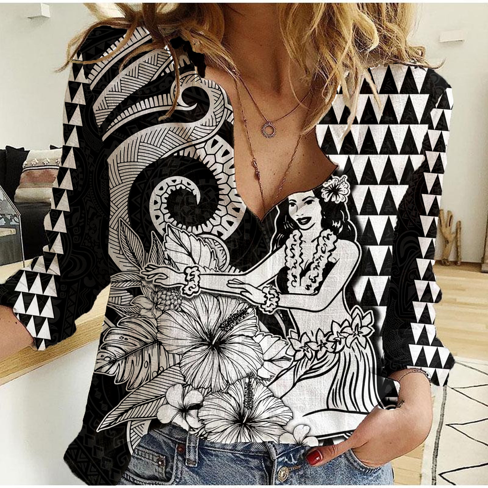 Aloha Hula Girl Hawaiian Tribal and Simple Kakau Women Casual Shirt LT9 Female Black - Polynesian Pride