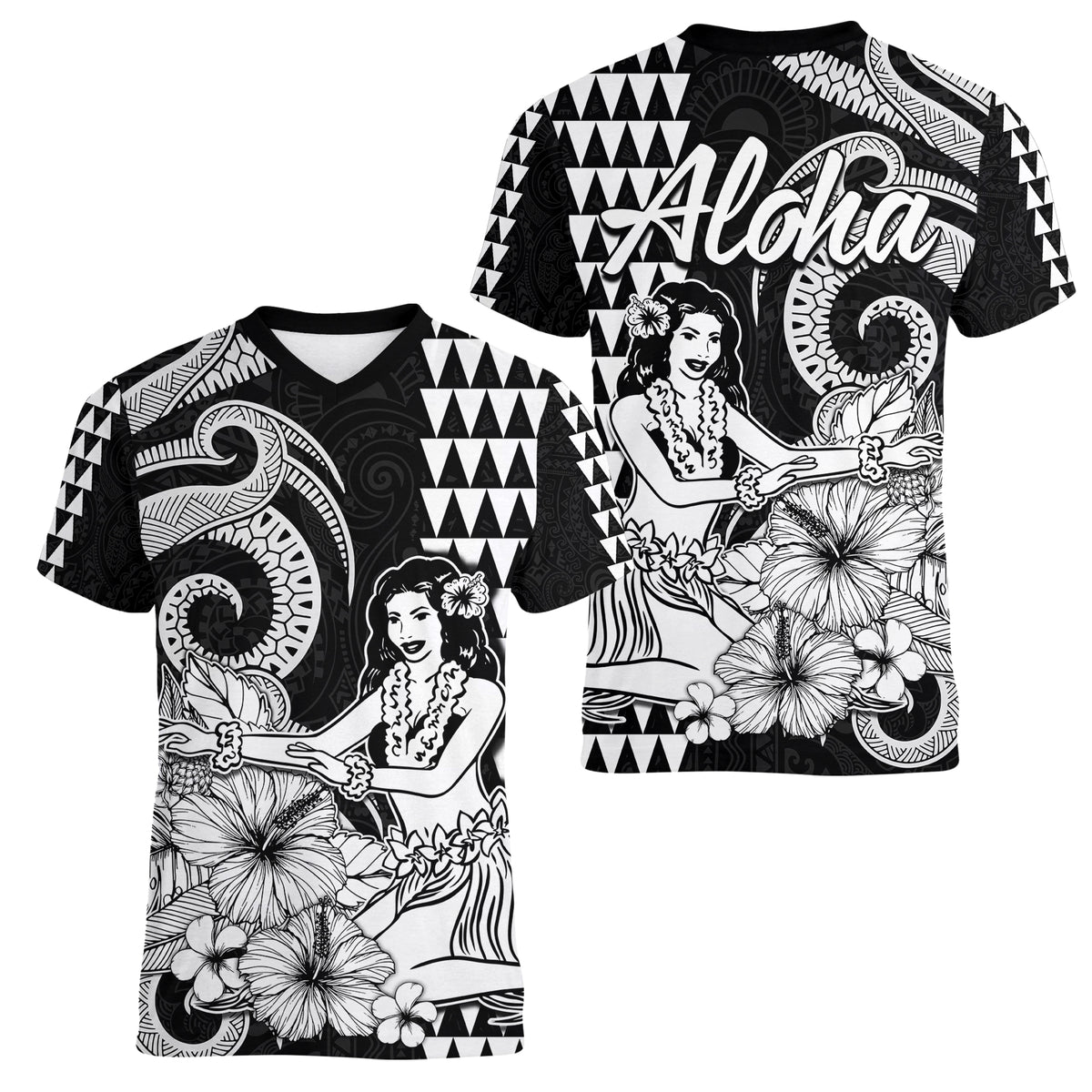 Aloha Hula Girl Hawaiian Tribal and Simple Kakau Women V Neck T Shirt LT9 Female Black - Polynesian Pride
