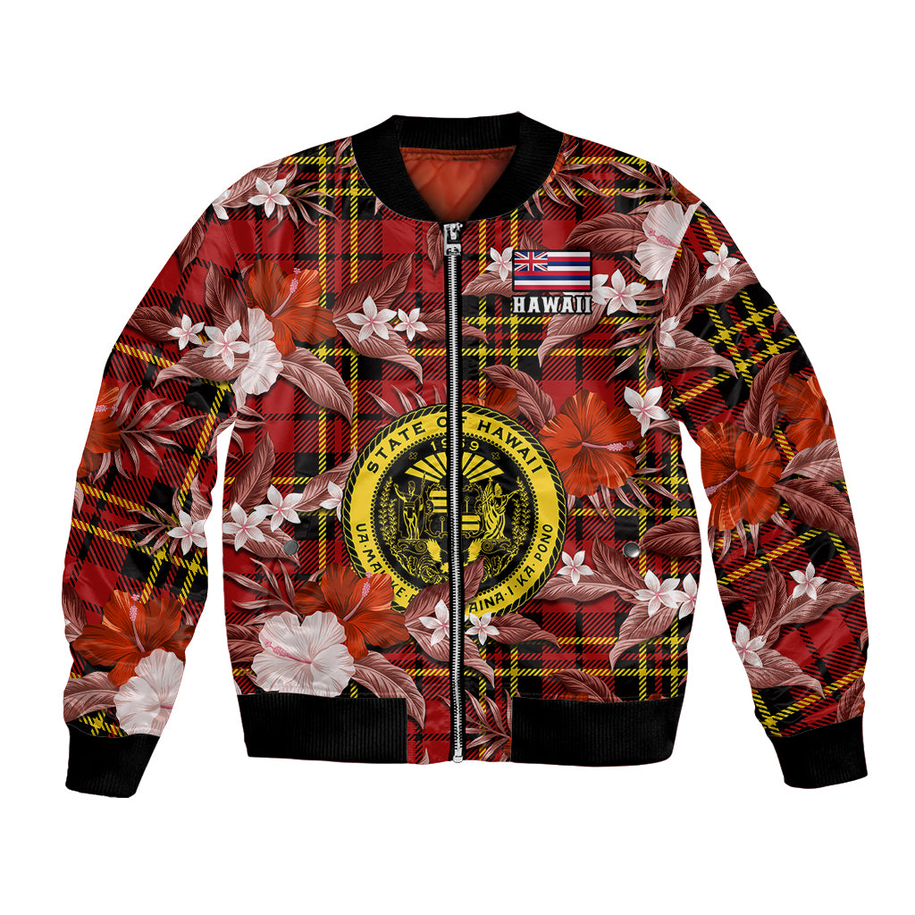 Hawaii State Bomber Jacket Tropical Flowers Mix Tartan Red Version LT14 Unisex Red - Polynesian Pride