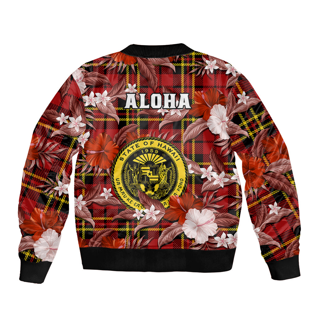 Hawaii State Bomber Jacket Tropical Flowers Mix Tartan Red Version LT14 - Polynesian Pride
