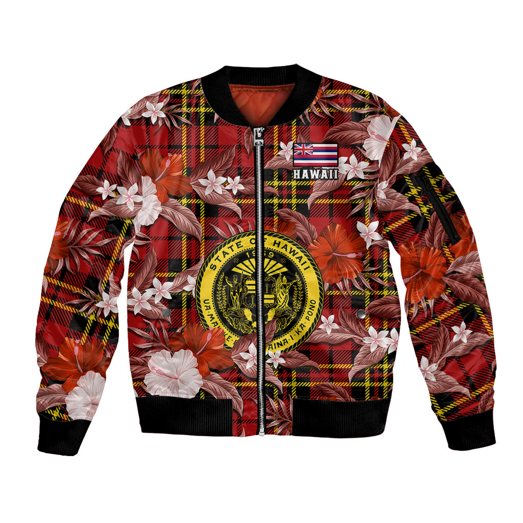 Hawaii State Sleeve Zip Bomber Jacket Tropical Flowers Mix Tartan Red Version LT14 Unisex Red - Polynesian Pride