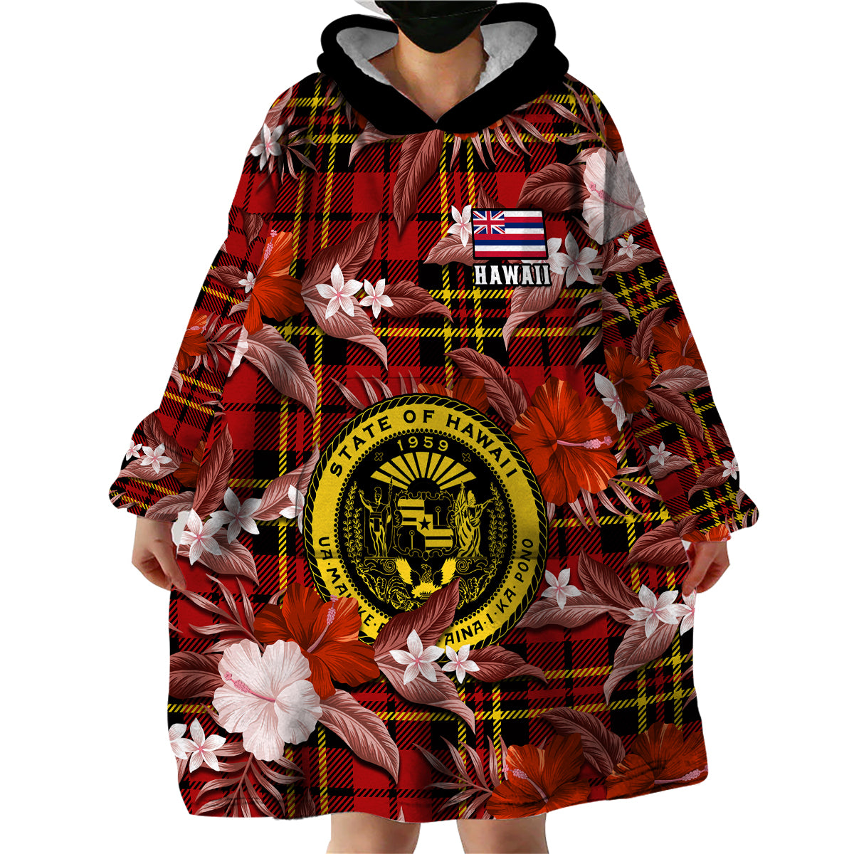 Hawaii State Wearable Blanket Hoodie Tropical Flowers Mix Tartan Red Version LT14 - Polynesian Pride