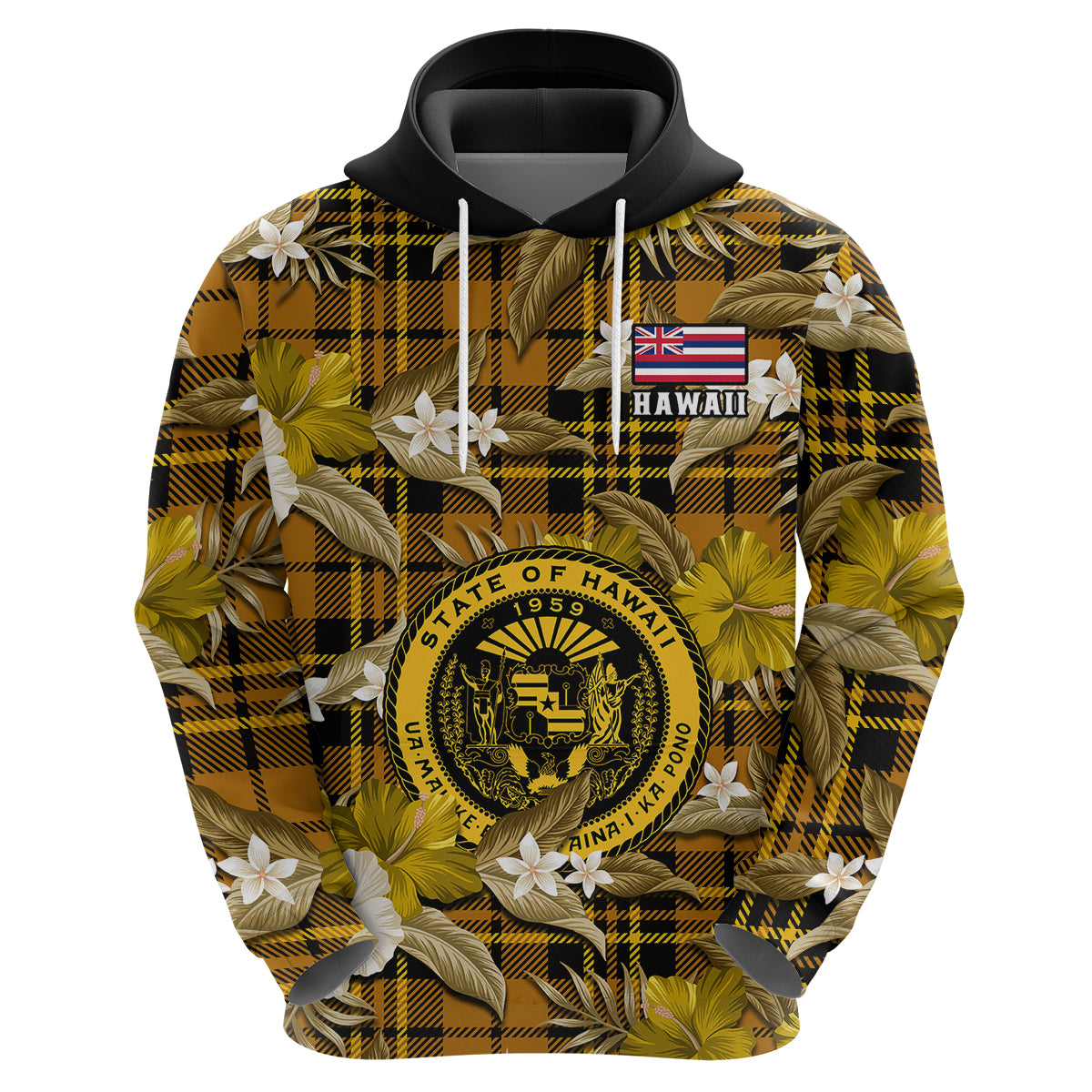 Hawaii State Hoodie Tropical Flowers Mix Tartan Gold Version LT14 Zip Hoodie Gold - Polynesian Pride