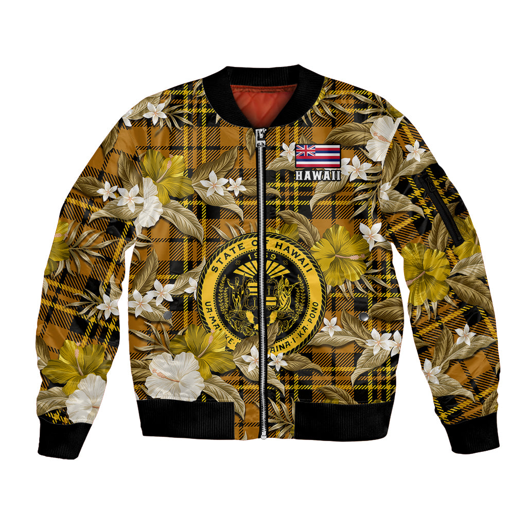 (Custom Personalised) Hawaii State Sleeve Zip Bomber Jacket Tropical Flowers Mix Tartan Gold Version LT14 Unisex Gold - Polynesian Pride