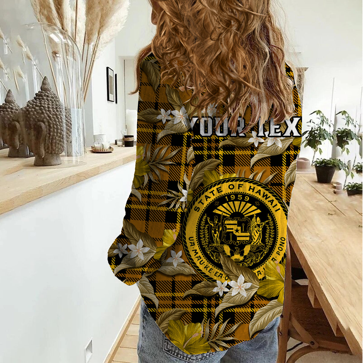 (Custom Personalised) Hawaii State Women Casual Shirt Tropical Flowers Mix Tartan Gold Version LT14 - Polynesian Pride
