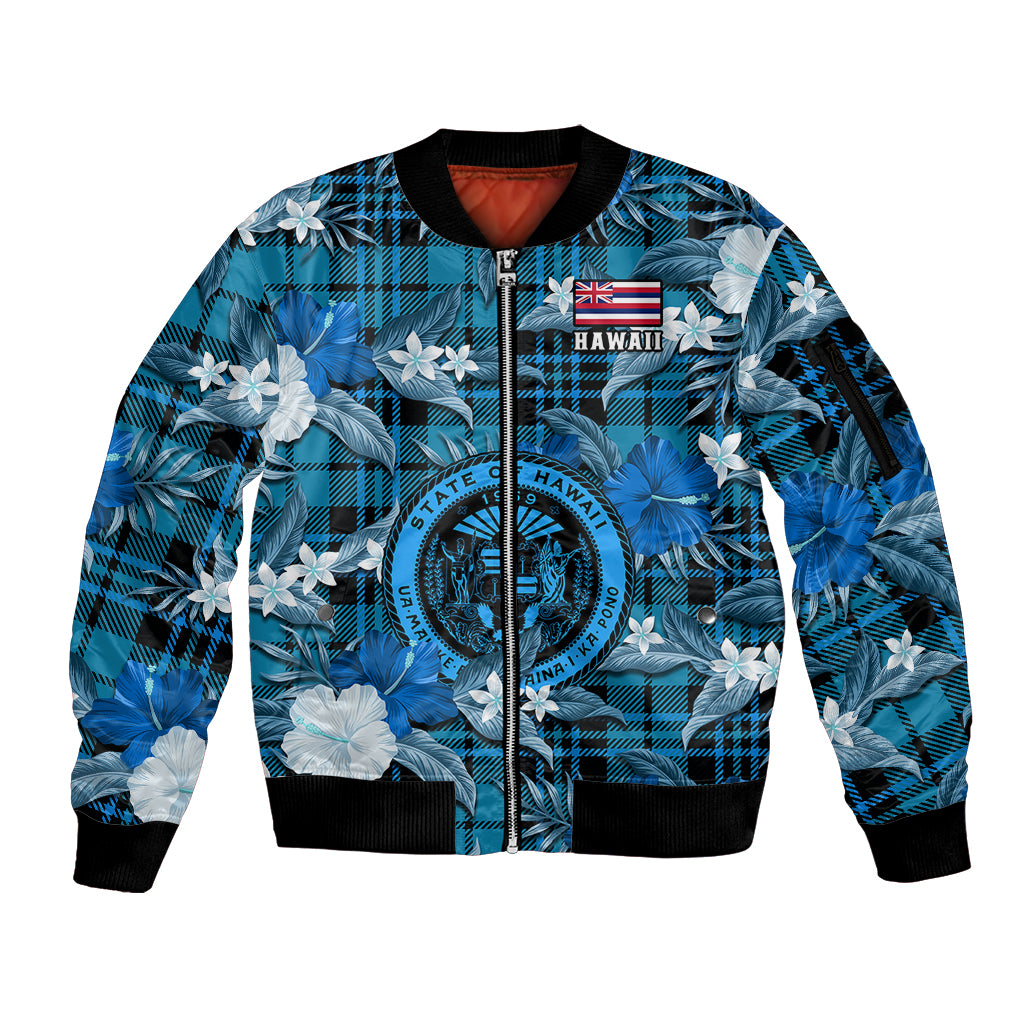 (Custom Personalised) Hawaii State Sleeve Zip Bomber Jacket Tropical Flowers Mix Tartan Blue Version LT14 Unisex Blue - Polynesian Pride