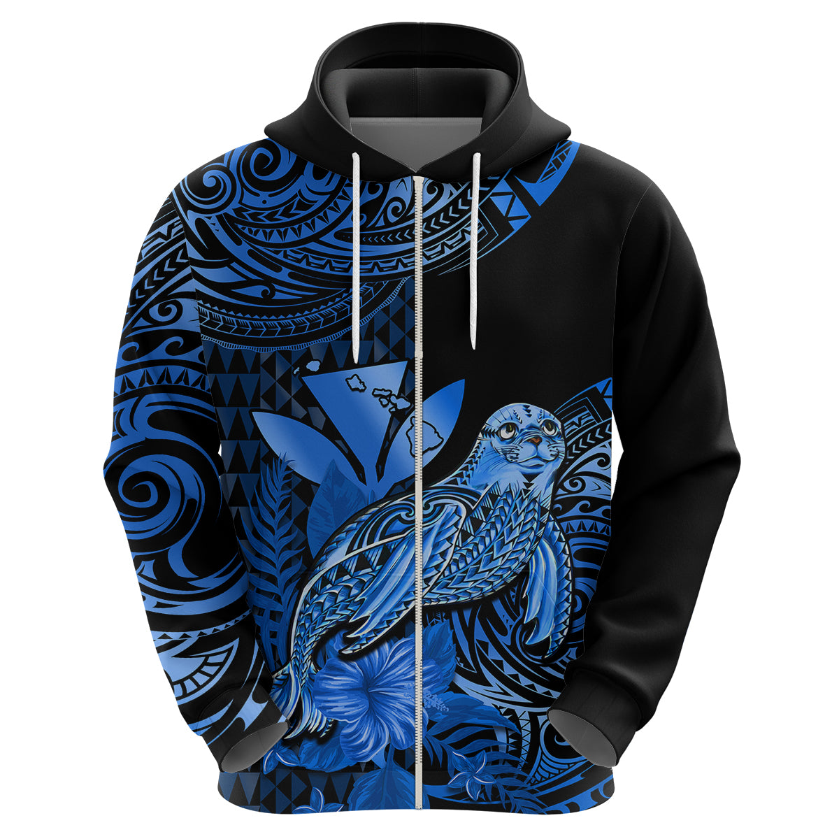 Custom Hawaii Monk Seal Hoodie Polynesian Kakau With Kanaka Blue LT14 - Polynesian Pride