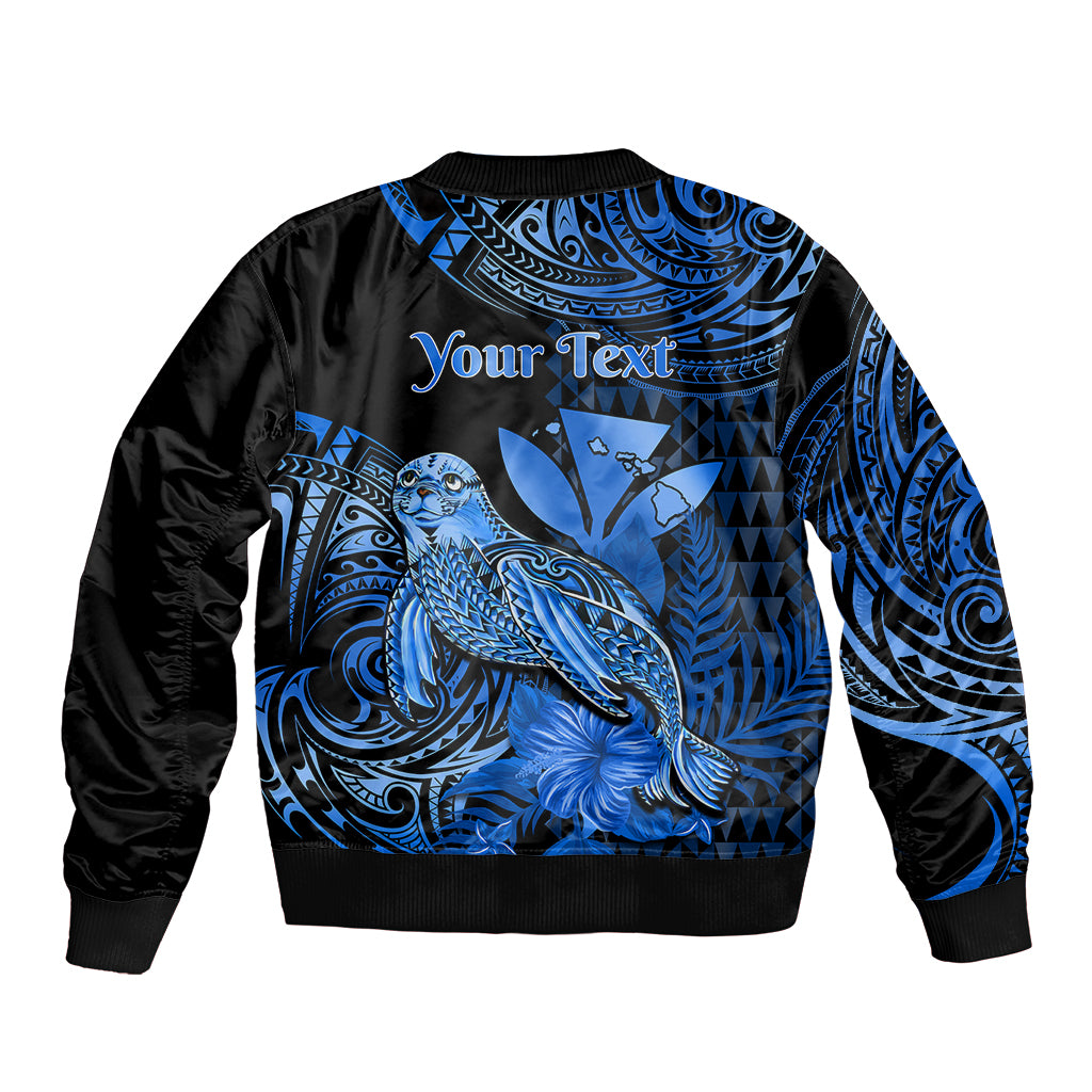 (Custom Personalised) Hawaii Monk Seal Sleeve Zip Bomber Jacket Polynesian Kakau With Kanaka Blue LT14 - Polynesian Pride