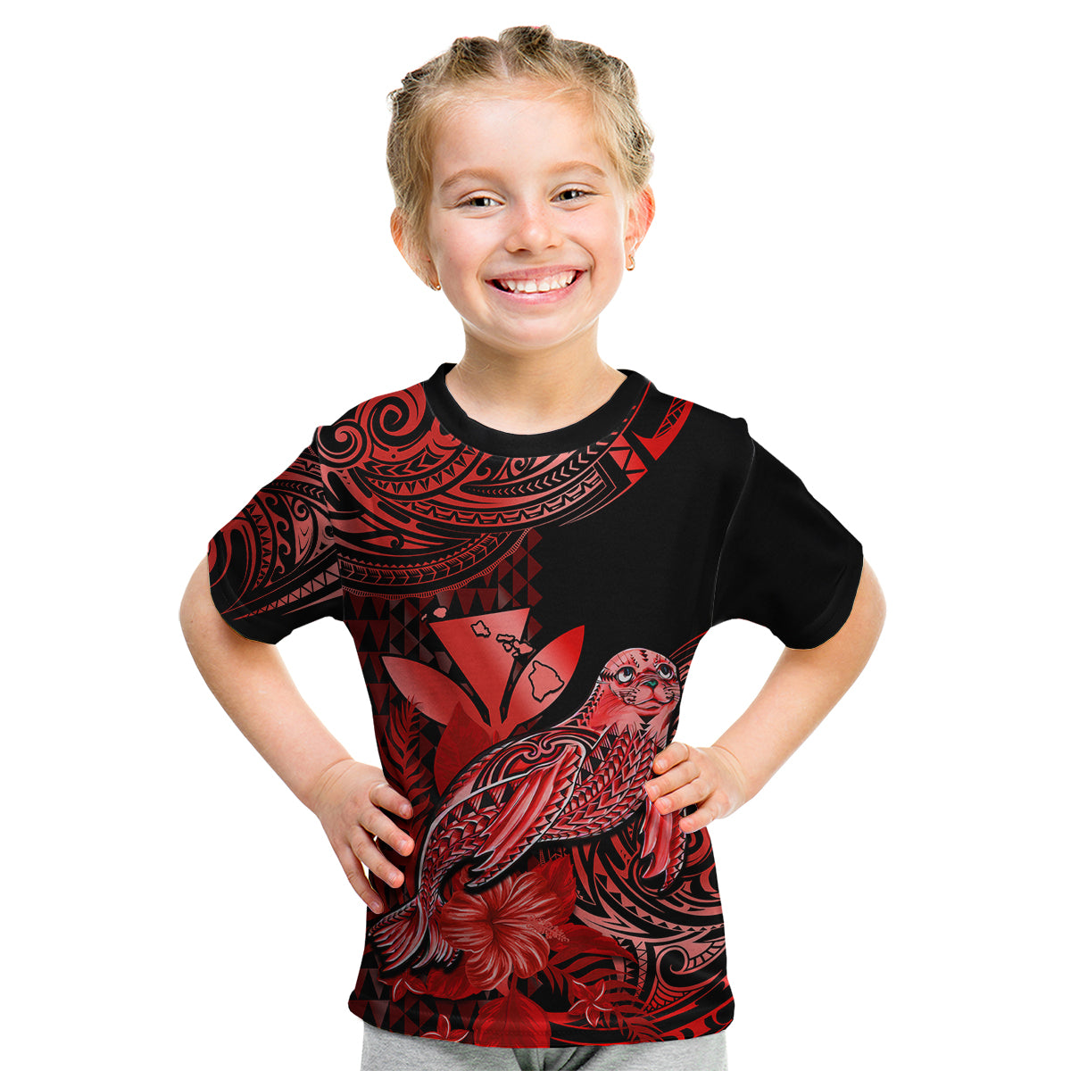 (Custom Personalised) Hawaii Monk Seal Kid T Shirt Polynesian Kakau With Kanaka Red LT14 Youth XL Size14 - Polynesian Pride