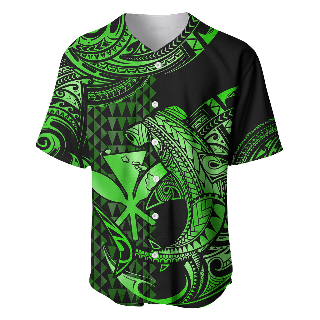 (Custom Personalised) Hawaii Hammerhead Shark Baseball Jersey Polynesian Kakau With Kanaka Green LT14 - Polynesian Pride