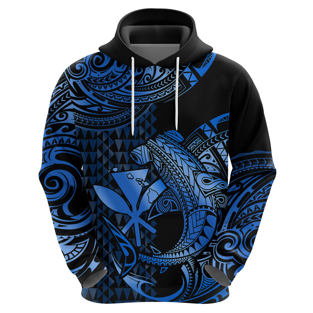Custom Hawaii Hammerhead Shark Hoodie Polynesian Kakau With Kanaka Blue LT14 Zip Hoodie Blue - Polynesian Pride