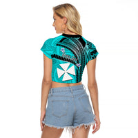 (Custom Personalised) Wallis And Futuna Raglan Cropped T Shirt Plumeria Flowers With Turquoise Polynesian Pattern LT14 - Polynesian Pride