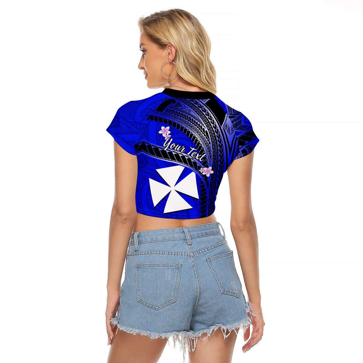 (Custom Personalised) Wallis And Futuna Raglan Cropped T Shirt Plumeria Flowers With Blue Polynesian Pattern LT14 - Polynesian Pride