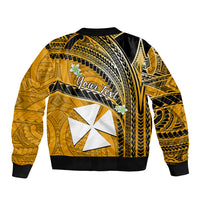 (Custom Personalised) Wallis And Futuna Bomber Jacket Plumeria Flowers With Gold Polynesian Pattern LT14 - Polynesian Pride