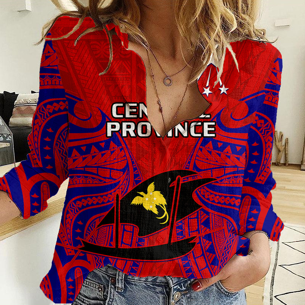 Papua New Guinea Women Casual Shirt Central Province Mix Coat Of Arms Polynesian Art LT14 Female Red - Polynesian Pride