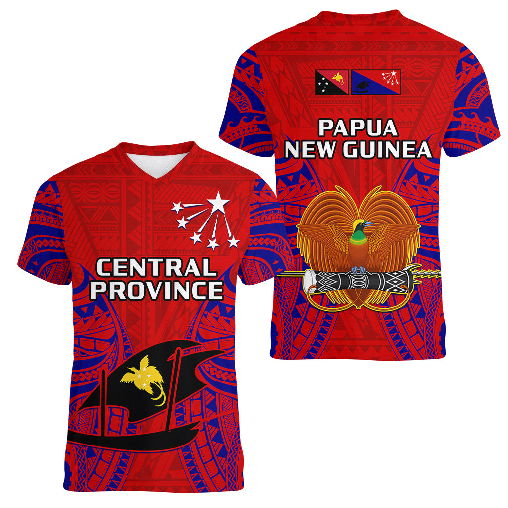 Papua New Guinea Women V Neck T Shirt Central Province Mix Coat Of Arms Polynesian Art LT14 Female Red - Polynesian Pride