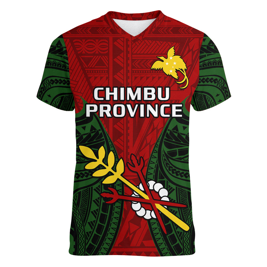 Papua New Guinea Women V Neck T Shirt Chimbu Province Mix Coat Of Arms Polynesian Art LT14 - Polynesian Pride