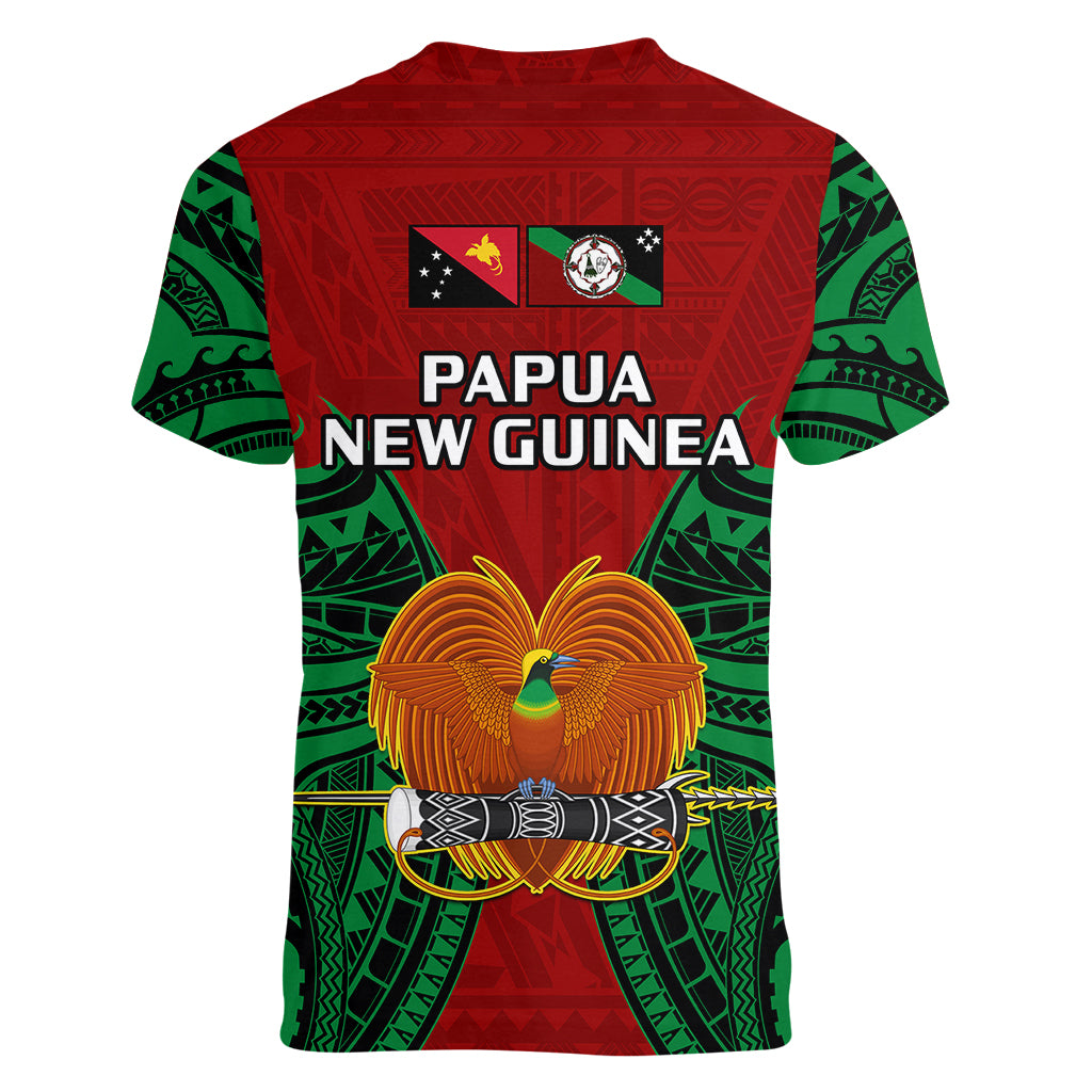Papua New Guinea Women V Neck T Shirt East New Britain Province Mix Coat Of Arms Polynesian Art LT14 - Polynesian Pride