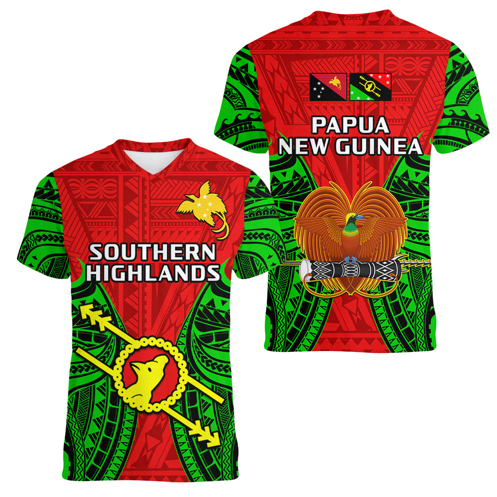 Papua New Guinea Women V Neck T Shirt Southern Highlands Province Mix Coat Of Arms Polynesian Art LT14 Female Red - Polynesian Pride