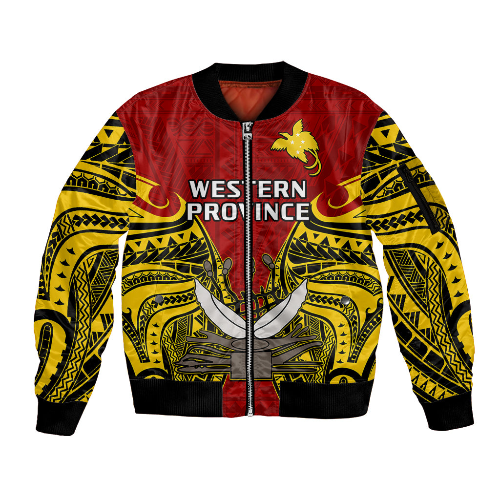 Papua New Guinea Sleeve Zip Bomber Jacket Western Province Mix Coat Of Arms Polynesian Art LT14 Unisex Red - Polynesian Pride