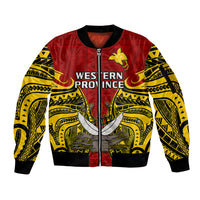 Papua New Guinea Sleeve Zip Bomber Jacket Western Province Mix Coat Of Arms Polynesian Art LT14 Unisex Red - Polynesian Pride