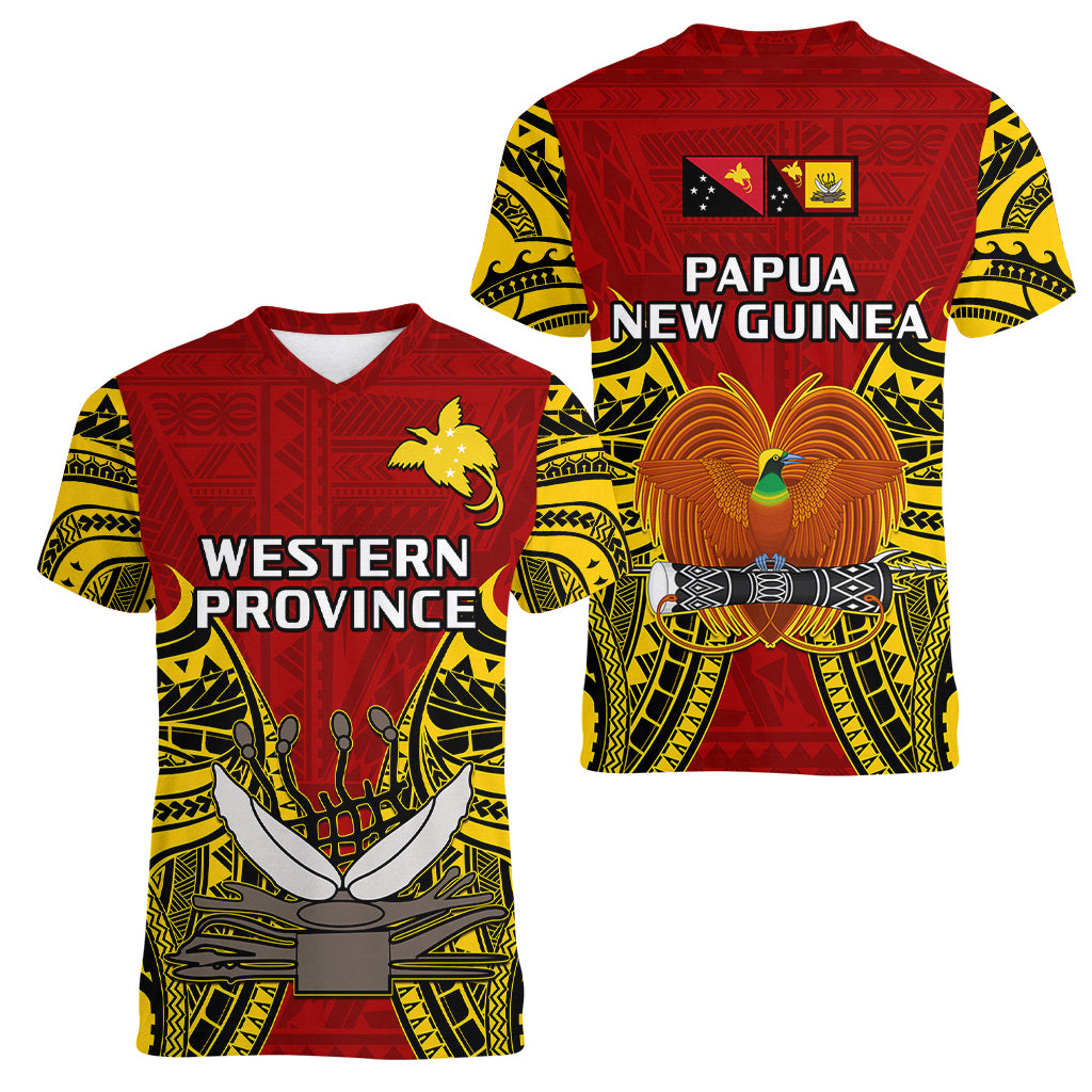 Papua New Guinea Women V Neck T Shirt Western Province Mix Coat Of Arms Polynesian Art LT14 Female Red - Polynesian Pride