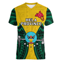 (Custom Personalised) Papua New Guinea Women V Neck T Shirt Hela Province Mix Coat Of Arms Polynesian Art LT14 - Polynesian Pride