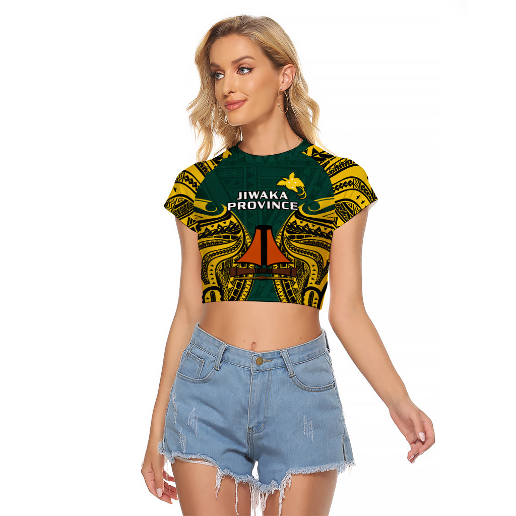 Papua New Guinea Raglan Cropped T Shirt Jiwaka Province Mix Coat Of Arms Polynesian Art LT14 Female Green - Polynesian Pride