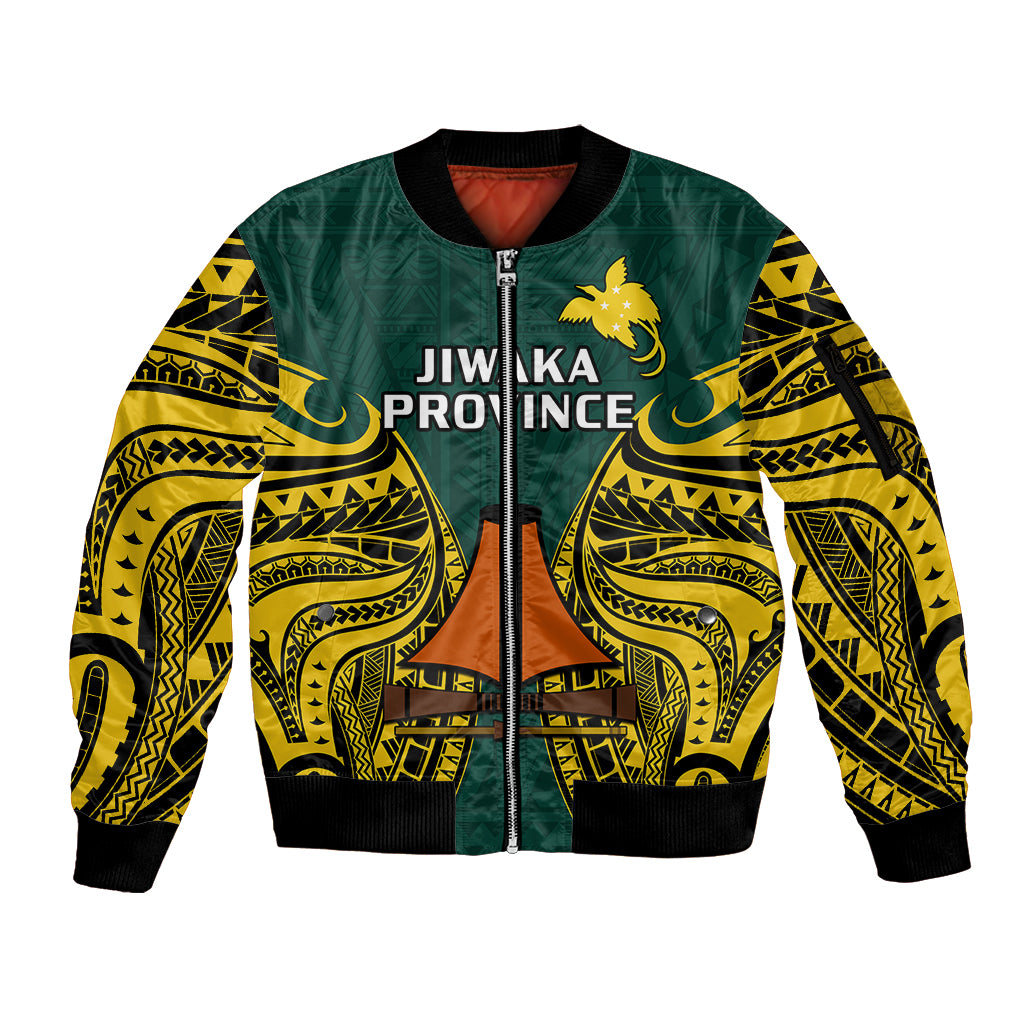 Papua New Guinea Sleeve Zip Bomber Jacket Jiwaka Province Mix Coat Of Arms Polynesian Art LT14 Unisex Green - Polynesian Pride