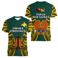 Papua New Guinea Women V Neck T Shirt Jiwaka Province Mix Coat Of Arms Polynesian Art LT14 Female Green - Polynesian Pride